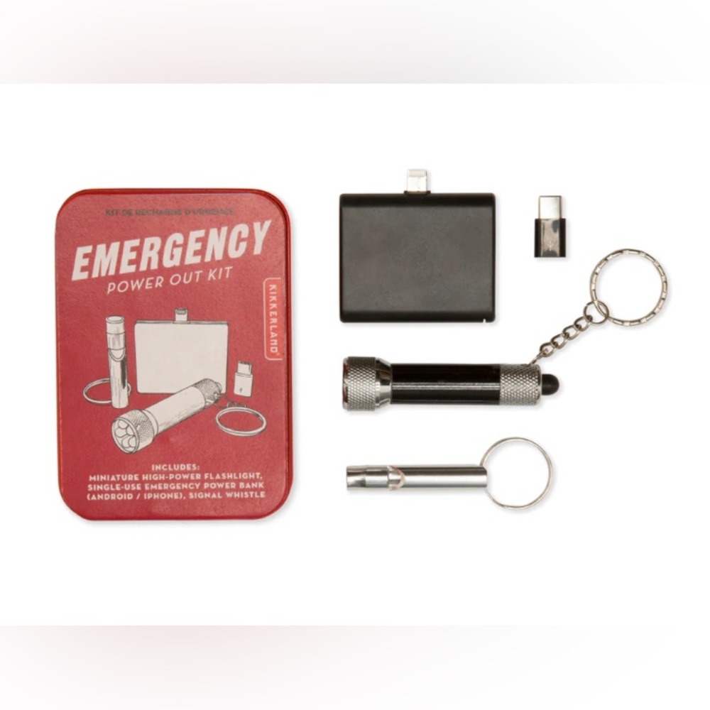 Kikkerland emergency power out kit-flashlight/single use power bank/whistle-NIB